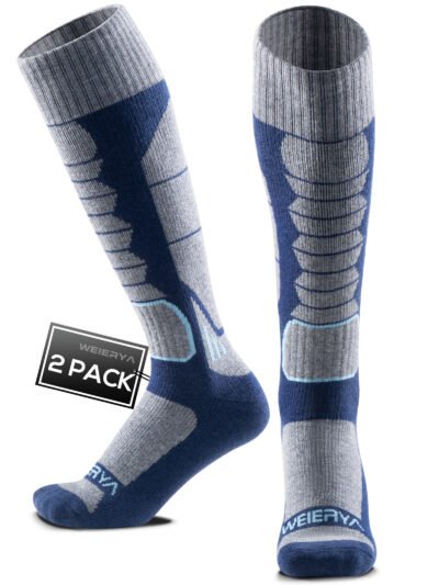 Adult Ski Socks 2 Pairs Pack for Skiing, Snowboarding, Outdoor Sports Performance Socks - Blue 2 Pairs