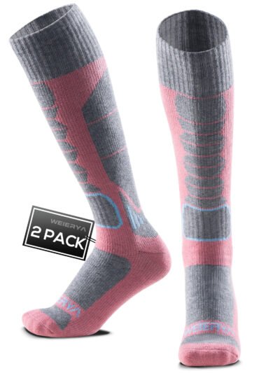 Adult Ski Socks 2 Pairs Pack for Skiing, Snowboarding, Outdoor Sports Performance Socks - Pink 2 Pairs