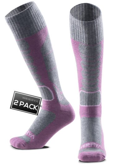 Adult Ski Socks 2 Pairs Pack for Skiing, Snowboarding, Outdoor Sports Performance Socks - Purple 2 Pairs