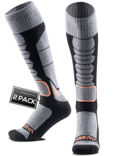 Adult Ski Socks 2 Pairs Pack for Skiing, Snowboarding, Outdoor Sports Performance Socks - Black 2 Pairs