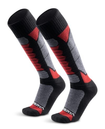 WEIERYA Ski Socks Light Weight, Merino Wool Socks for Winter Sports, Over the Calf Unise - Dark Red 2 Pairs