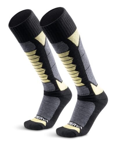 WEIERYA Ski Socks Light Weight, Merino Wool Socks for Winter Sports, Over the Calf Unise - Yellow 2 Pairs
