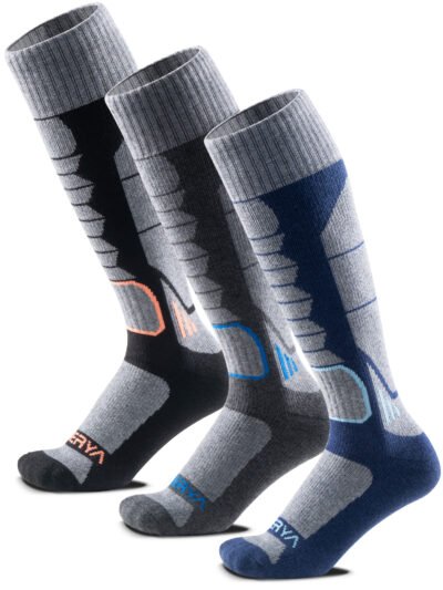 Adult Ski Socks 2 Pairs Pack for Skiing, Snowboarding, Outdoor Sports Performance Socks - Black Grey Blue 3 Pairs