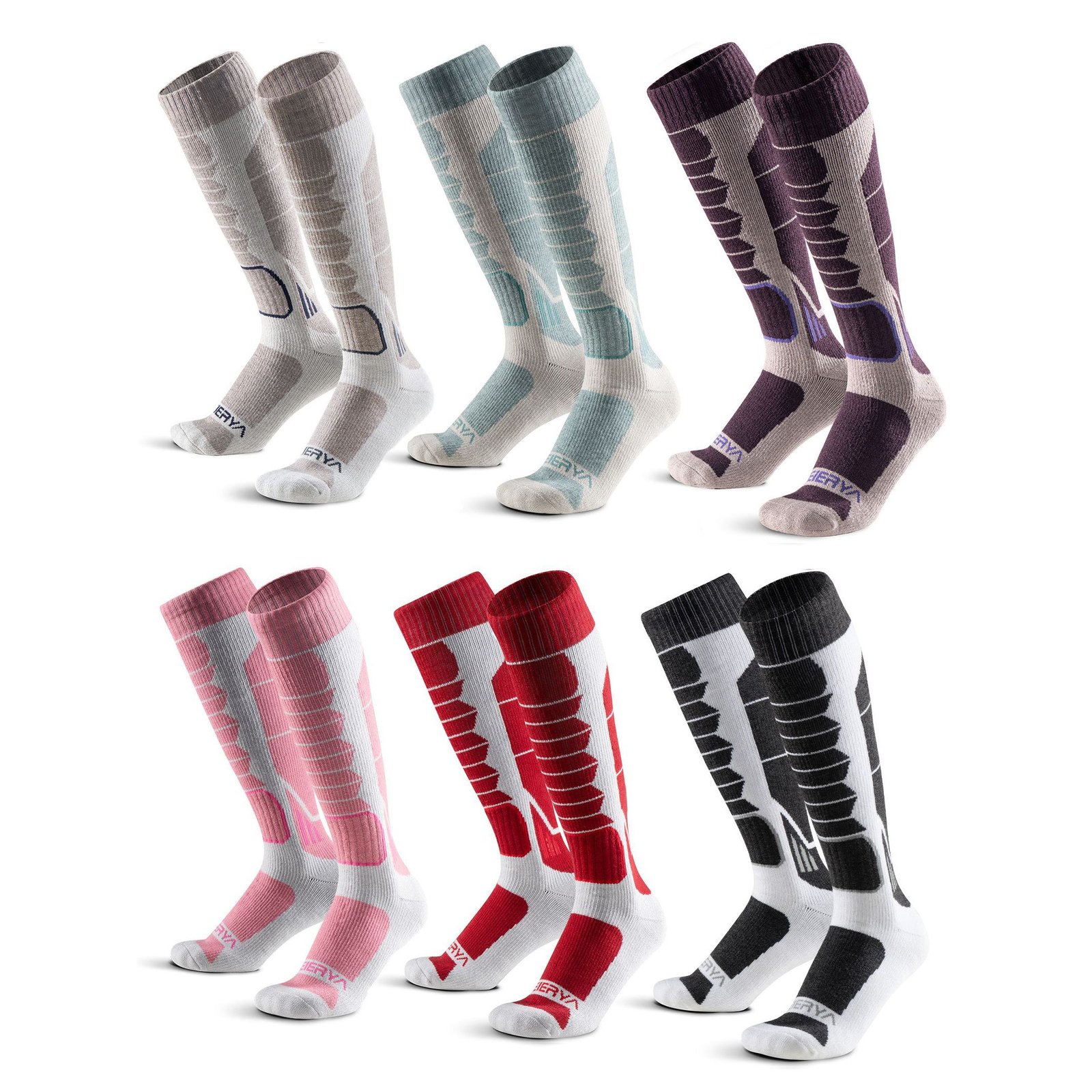 6-Pack Women's Merino Wool Ski Socks Over-the-Calf Full Cushion Thermal Snowboard Socks